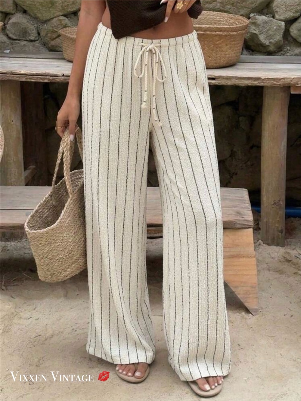 LOVE TREE BLACK PINSTRIPE WIDE LEG LINEN BLEND PANTS IN IVORY